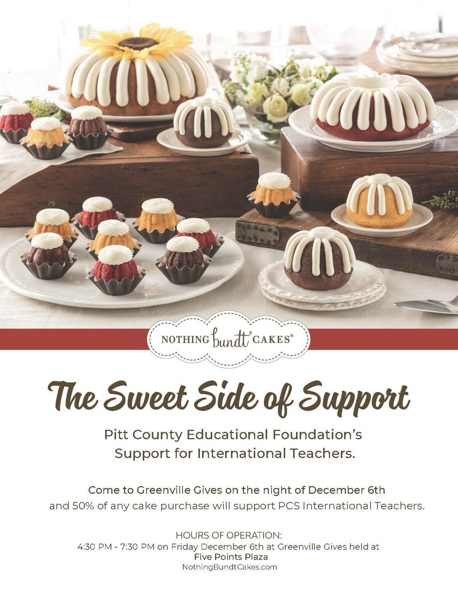 Clinton Todd (@toddtackles_) on Twitter photo Please consider supporting our <a href="/PCS_NC/">Pitt County Schools</a> International Teachers by visiting <a href="/nothingbundt/">Nothing Bundt Cakes</a> this evening at Greenville Gives from 4:30-7:30 PM tonight at Five Points Plaza! Please consider supporting our <a href="/PCS_NC/">Pitt County Schools</a> International Teachers by visiting <a href="/nothingbundt/">Nothing Bundt Cakes</a> this evening at Greenville Gives from 4:30-7:30 PM tonight at Five Points Plaza!