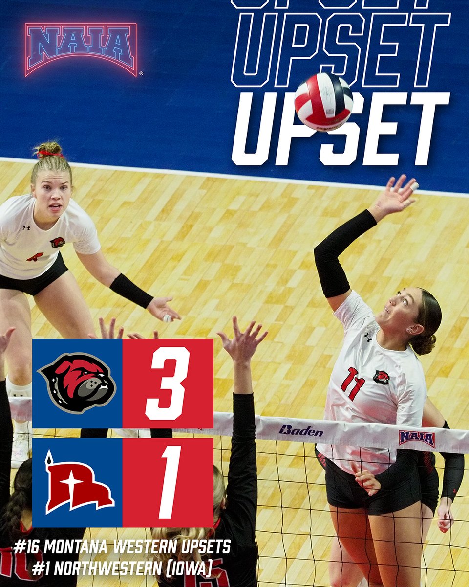 NAIA's tweet image. MONTANA BESTERN

#16 @UMWBulldogs upset the top dog, giving #1 Northwestern (Iowa) their first loss of the season and ending the Red Raiders' tournament run!
 
#PlayNAIA