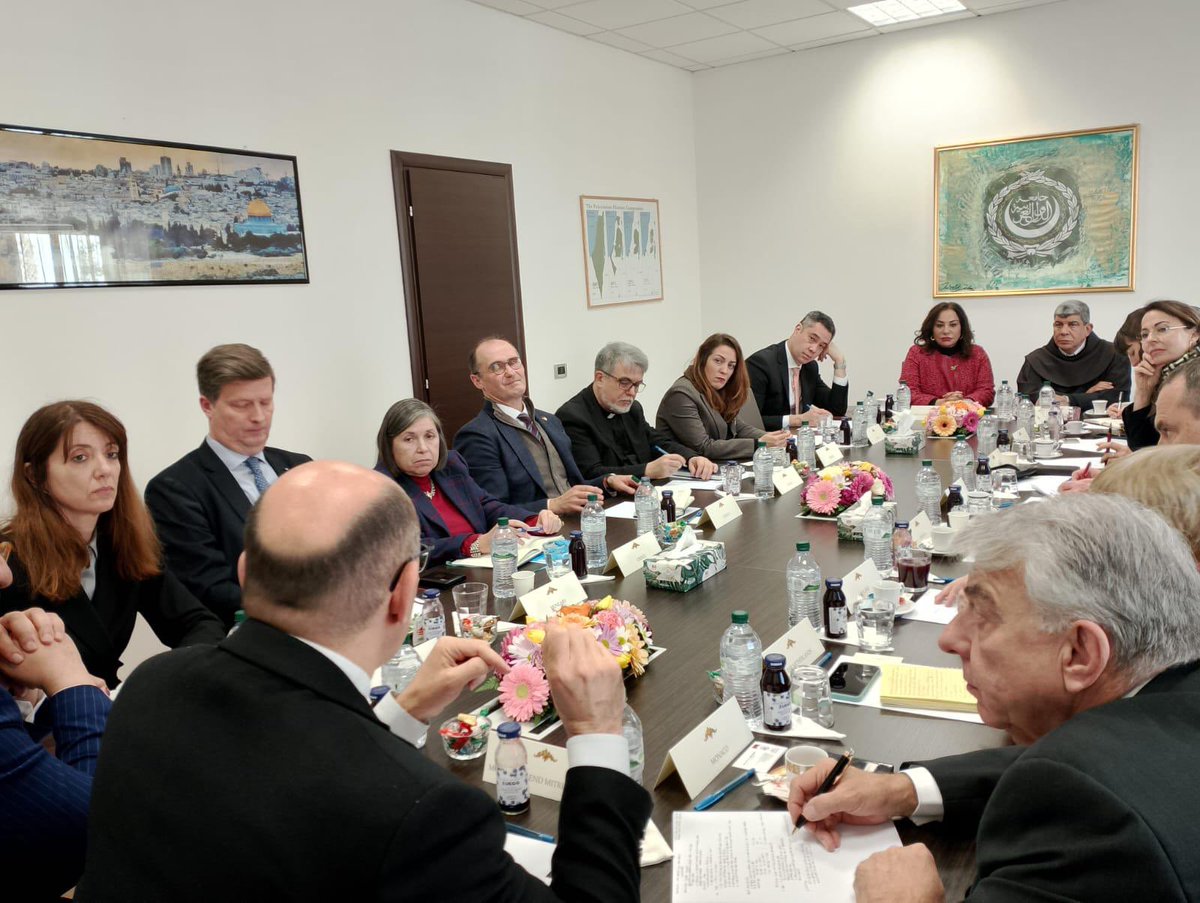RahebM's tweet image. Bringing Bethlehem to the international arena. Addressing 16 European, American, and Australian ambassadors to the Holy See about the situation in Palestine at the embassy of the Arab League in Rome.