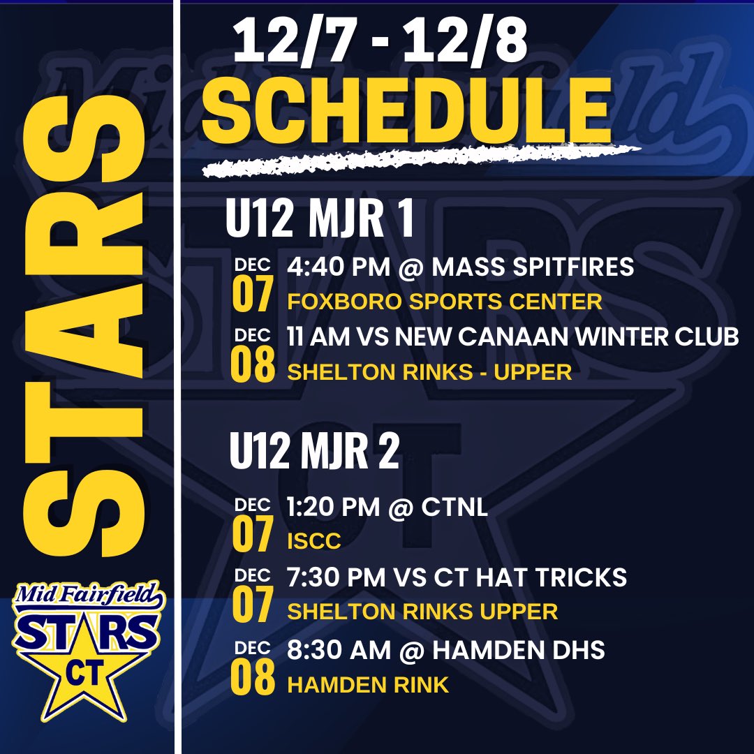 Mid Fairfield Stars Schedule 12/07 - 12/08
<a href="/NEGHL_hockey/">New England Girls Hockey League</a> 
<a href="/GottaLoveCTHcky/">GottaLoveCTHockey</a>
