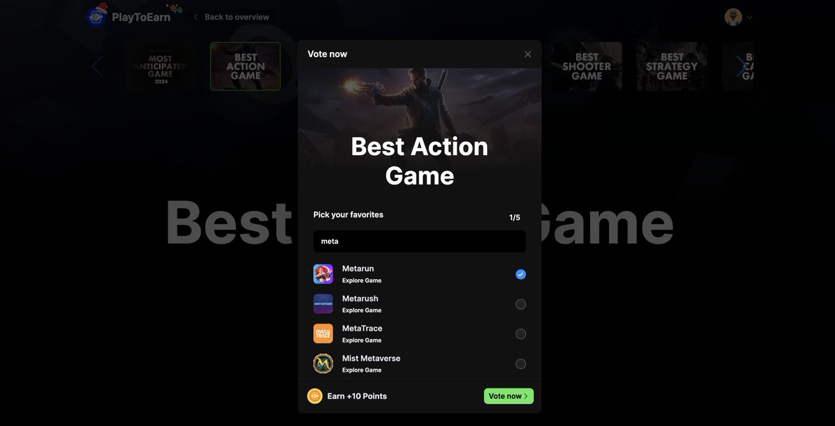 Metarun Game has been nominated for Best Action Game in the Blockchain Game Awards 2024 by <a href="/PlayToEarn/">PlayToEarn</a>  ! 🏆🎉 

Community votes decide the winner. Every vote counts towards winning, and voters automatically enter a giveaway for a PS5 and USDT rewards 🎁

Click the link, connect