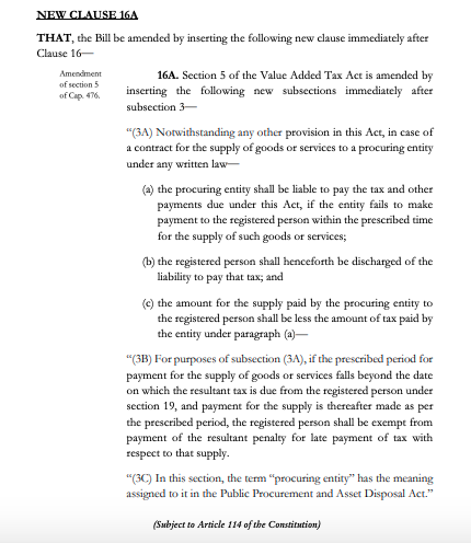 There was a pretty rich debate in the National Assembly regarding the proposed amendment to Sec5 of the VAT Act via the Tax Laws (Amendment) Bill 2024 New Clause 16A. 

In the event that a procuring entity fails to make payment within the agreed time frame, should the tax