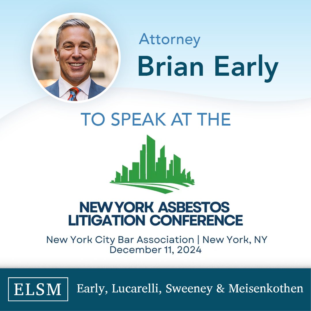 ELSMLaw's tweet photo. Brian Early, Esq., of #ELSMLaw, will speak at the 2024 New York Asbestos Litigation Conference!

Join legal, insurance, &amp; industry leaders on Dec. 11 for a day of insights &amp; discussions on asbestos litigation trends.

#AsbestosLitigation #LegalConferences #MesotheliomaAwareness https://t.co/MUDlLWhOIT