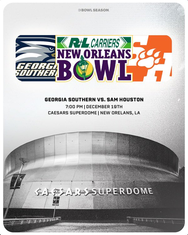 🚨IT’S OFFICIAL🚨<a href="/GSAthletics_FB/">Georgia Southern Football</a> will face <a href="/BearkatsFB/">Sam Houston Football</a> in the <a href="/NewOrleansBowl/">New Orleans Bowl</a>!

#BowlSeason #CFB #collegefootball #EatEmUpKats #SamHouston #GoBearkats #HailSouthern #GATA