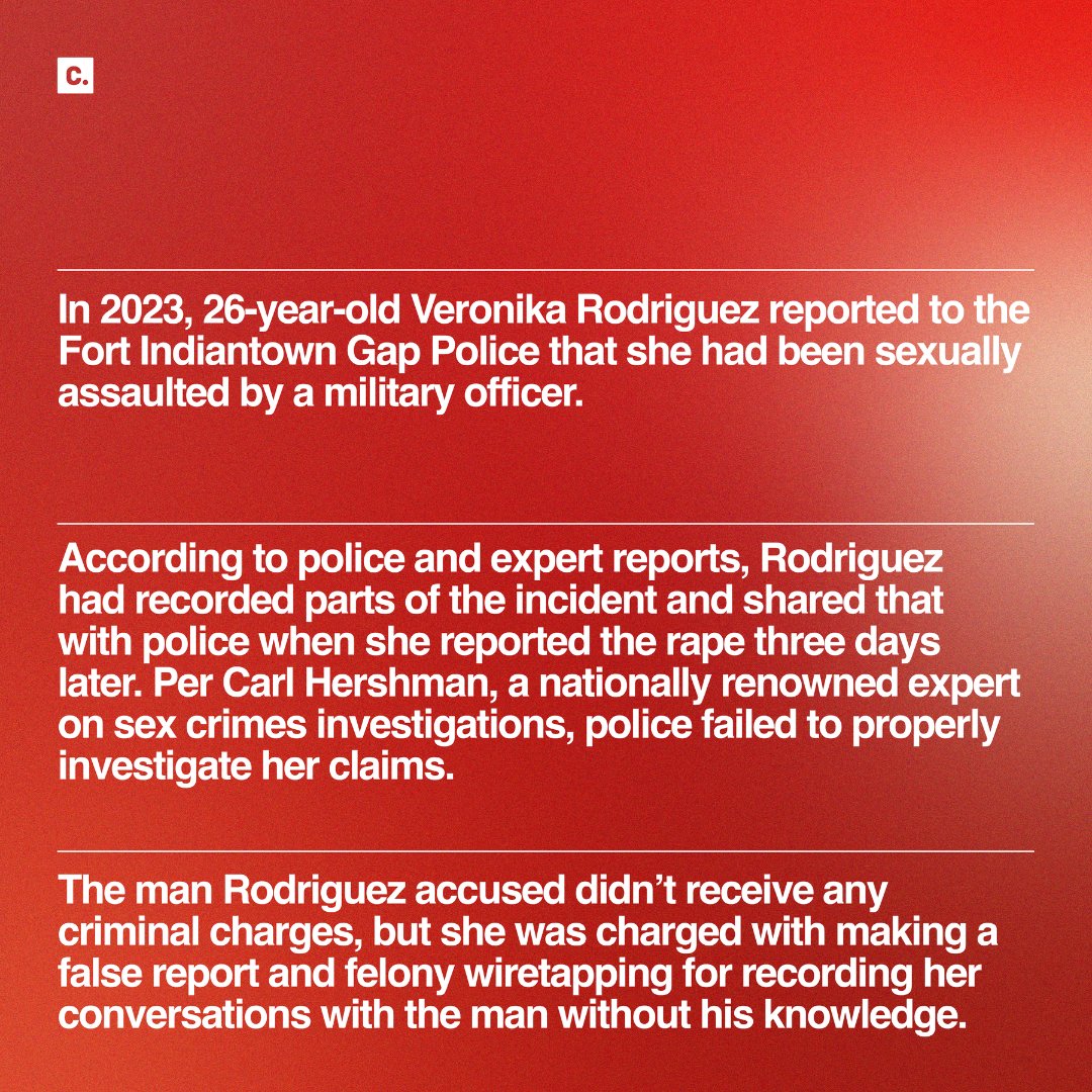 Change's tweet photo. (Warning: Distressing themes) A Pennsylvania woman is facing charges of wiretapping and filing a false report after going to the police to report that a military officer sexually assaulted her. The police investigation was seriously flawed, a sex crimes investigations expert tells local news organization PennLive. The accuser, 26-year-old Veronika Rodriguez, had recorded parts of the incident and provided those recordings to police. But instead of using them to investigate the alleged attack, police concluded that she had made a false report and used the recordings to charge her with two felonies for recording the man without permission.

A https://t.co/ZM9wf2HIuH petition started by Veronika’s friend is urging the Lebanon County District Attorney’s Office to drop all charges against her.

The petition is at https://t.co/0iX5qF5Fhy.

#pennsylvania #lebanoncounty #military #police #crime