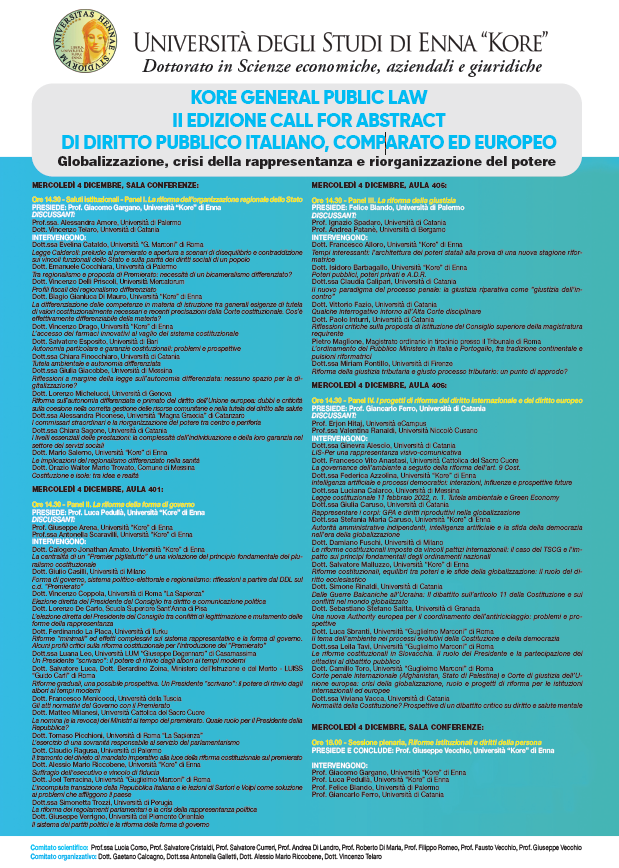 Il 4 dicembre, al seminario "Globalizzazione, crisi della rappresentanza e riorganizzazione del potere" di <a href="/Unikore_Enna/">Università Kore di Enna</a>, Lorenzo De Carlo ha discusso di "L’elezione diretta del Presidente del Consiglio tra conflitti di legittimazione e mutamento delle forme della rappresentanza"