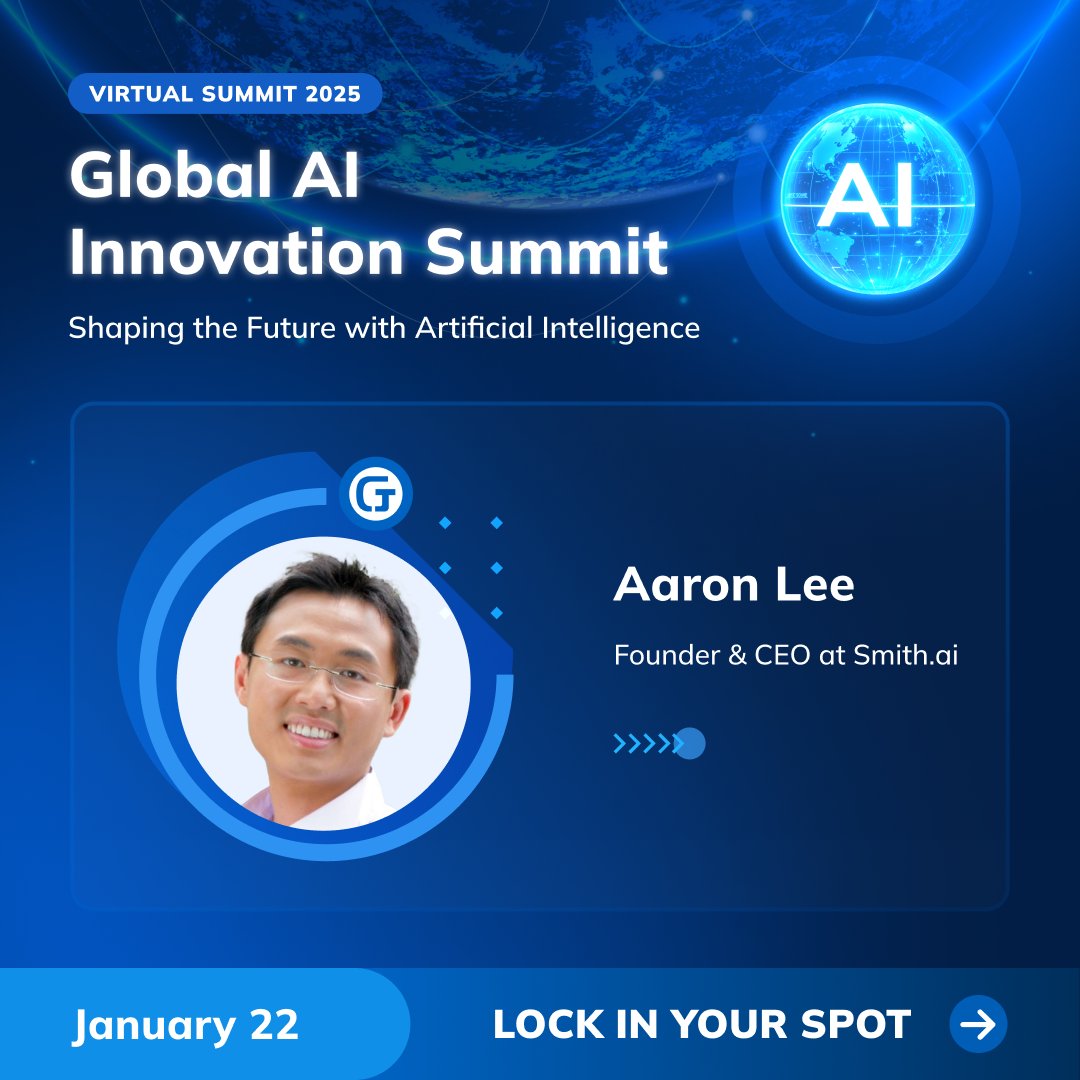 Smith.ai CEO and Co-Founder Aaron Lee is speaking at the Global AI Innovation Summit 2025. Connect with AI innovators and industry professionals to explore groundbreaking advancements in artificial intelligence. 

📅 Mark your calendars for January 22, from 9:00 am
