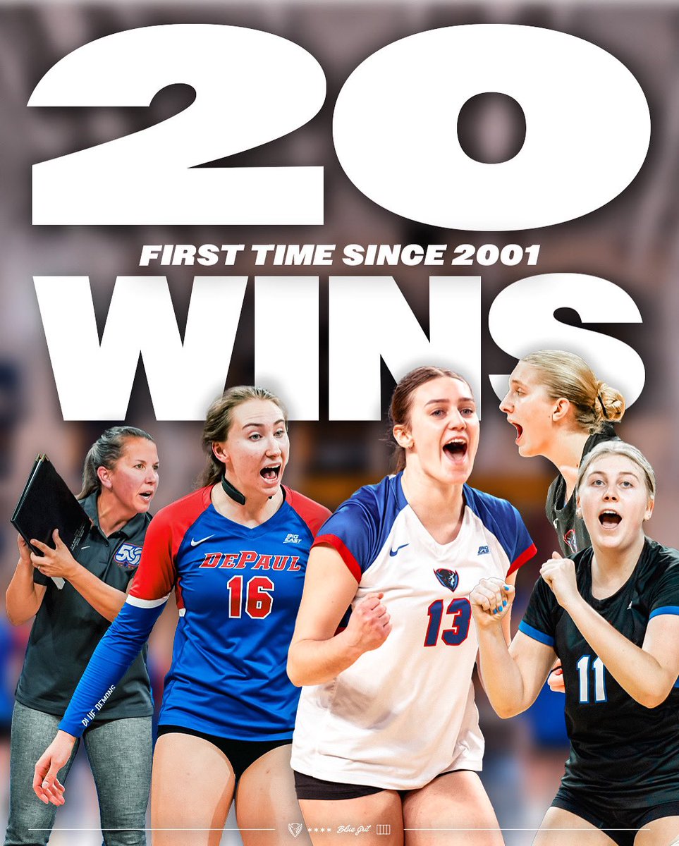 DePaulVball's tweet photo. This squad is something special🌟

20 wins for the first time in 23 years…. and searching for another one tonight at home!

#BlueGrit🔵😈 | @DispartiLaw https://t.co/PRYVPik5GA