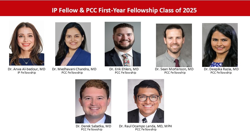 We are excited to announce the new IP Fellow and the PCC first-year fellowship class of 2025: Drs. Arwa Al-bedour, Medhavani Chandra, Erik Ehlers, Sean Mortenson, Deepika Razia, Derek Sabatka, and Raul Ocampo Landa. Welcome! 🫁🩺