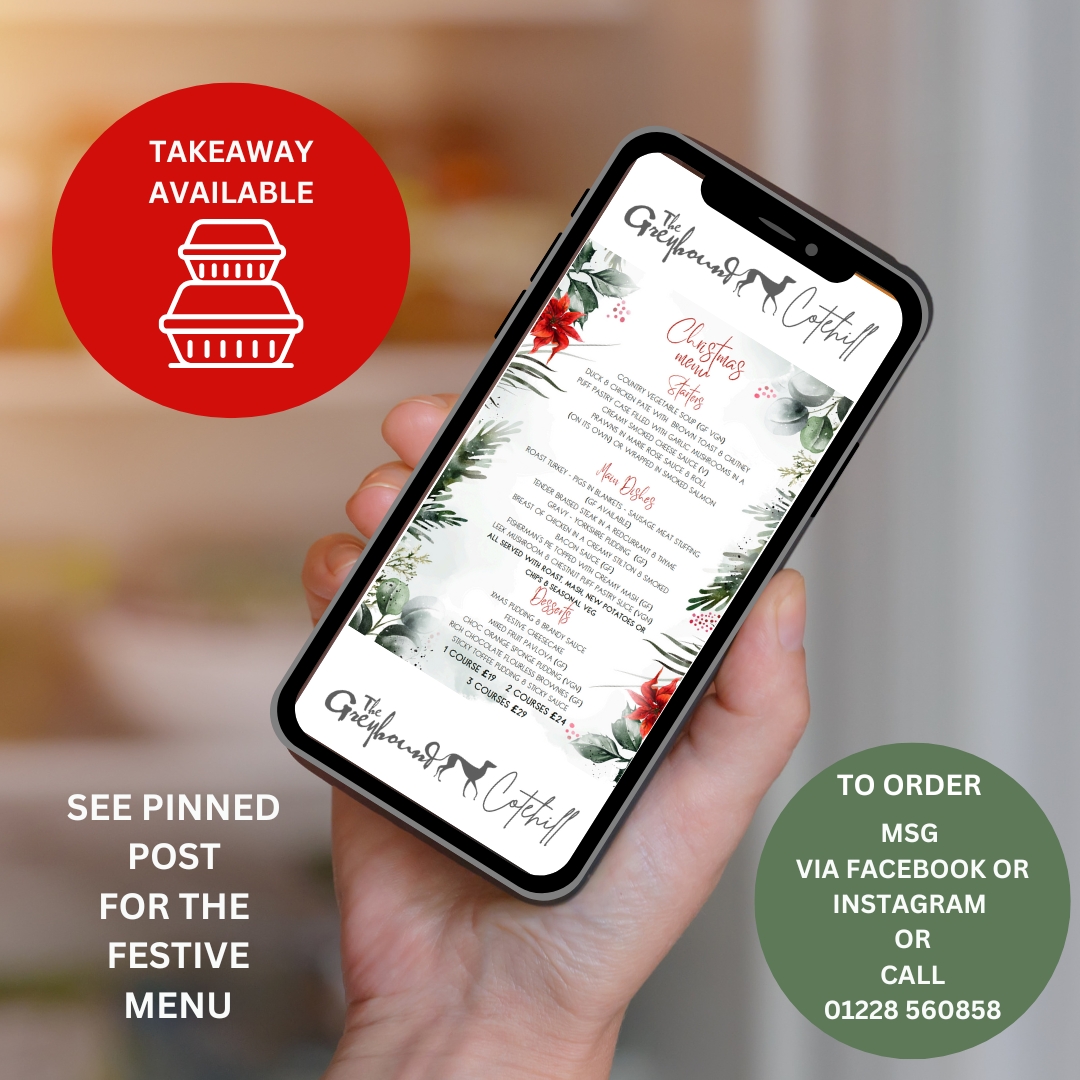 GreyhoundInnC's tweet photo. 🎄TAKEAWAY AVAILABLE FOR OUR POPULAR FESTIVE MENU🎄On  till 24th Dec

📞 TO ORDER Send us a msg on Facebook or Instagram or call us at 01228 560858

Make sure to say "Festive Menu Takeaway".

📍 Location of collection: The Greyhound Inn Cotehill, Front Street,  CA4 0DQ

#Cumbria https://t.co/esxRGKSbKR