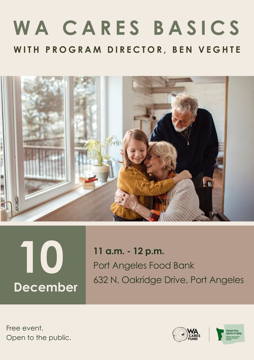 Olympic3A's tweet image. HAPPENING NEXT WEEK!
Our two FREE, in-person WA Cares Basics presentations are happening next week on December 10th. There are two opportunities to join in on the conversation and have your questions be answered.
#WACares #LearnTheBasics #ClallamCounty #O3A #communityevent