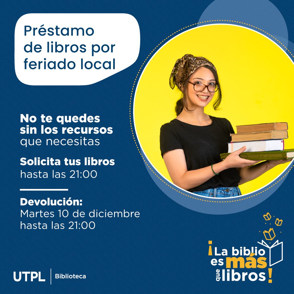 BibliotecaUTPL's tweet photo. 🧳🚗 ¡Prepárate para disfrutar este feriado con los recursos que necesitas! 📚

😎 Aprovecha el tiempo para realizar tareas, estudiar o sumergirte en el maravilloso mundo de la lectura. 📖

Solicita los libros hasta las ⏰ 21:00 sin dejar tu cédula de identidad. 

¡Te esperamos! https://t.co/1EENYI1tPP