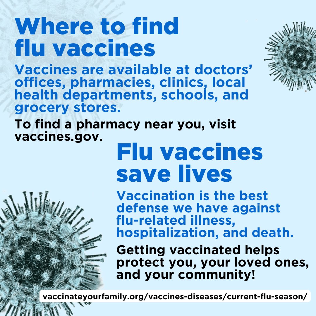 📢 National Influenza Vaccination Week is coming to an end, but it’s not too late to get vaccinated against flu! Find a pharmacy near you: vaccines.gov 📱💻 

#VaxYourFam to protect yourself &amp; loved ones from flu! 💪 
#NIVW #NotJustFlu #Fightflu
