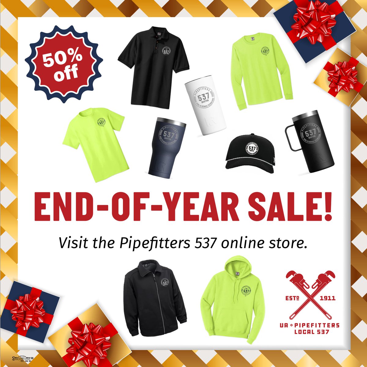 To celebrate the new year, you get 50% off all high-quality jackets, polos, accessories, and more in the Pipefitters 537 shop!

BRAND-NEW Holiday Merchandise including hats, vests, jackets, and hoodies are available!

PS: E-gift cards are also available!