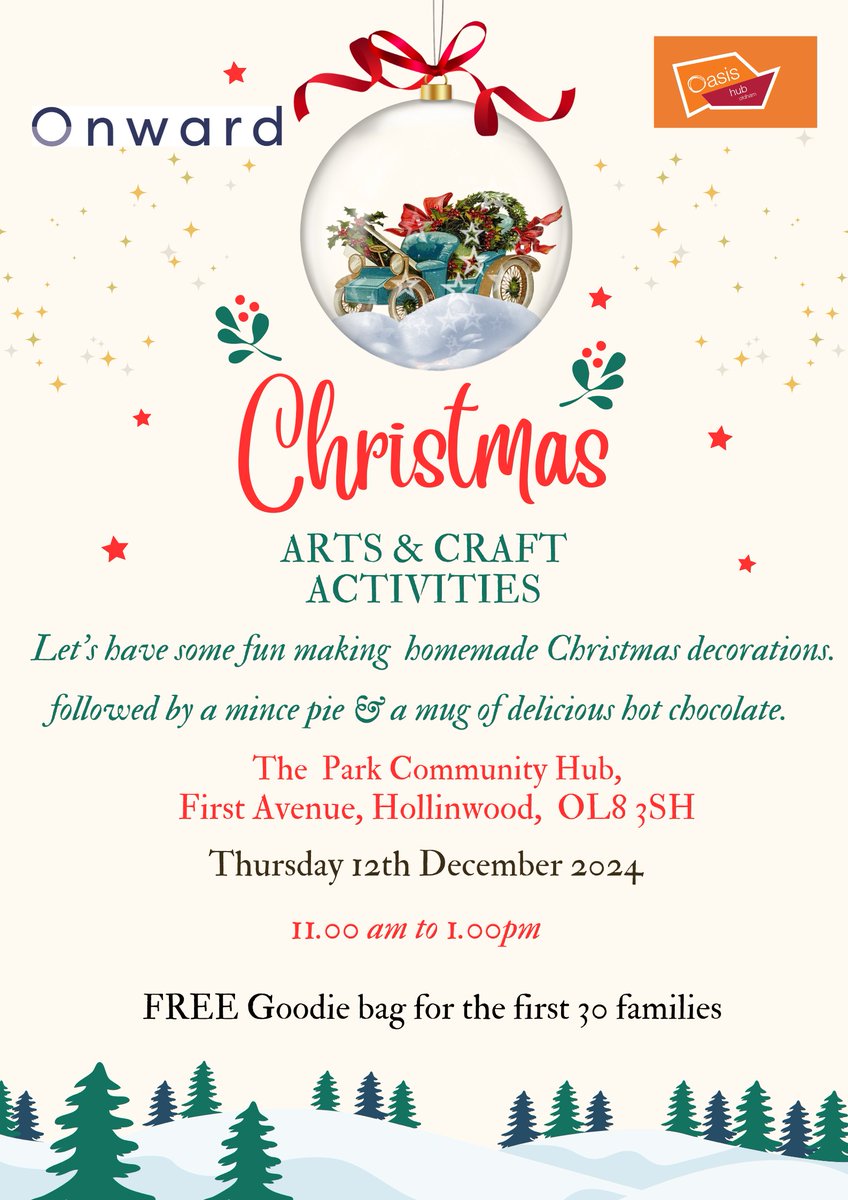 ohubo23's tweet photo. Dont miss our Christmas arts and craft event for all the family.  Thursday 12th December , see poster for more information.. FREE goodie bag for the first 30 families..  No need to book, just come along and why not bring a friend, meet your local Oasis Community Hub Team https://t.co/kUEtyrqlJe
