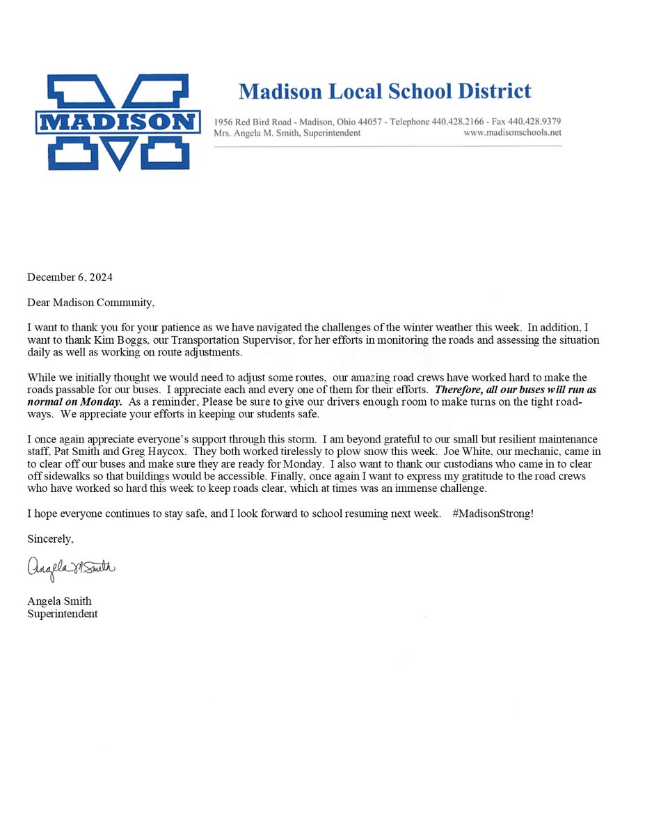 SuperASmith's tweet photo. Please see the latest community update.  Our buses will run as normal on Monday! #WeAreMadisonBlue #MadisonStrong! https://t.co/DGwpB1BgpC