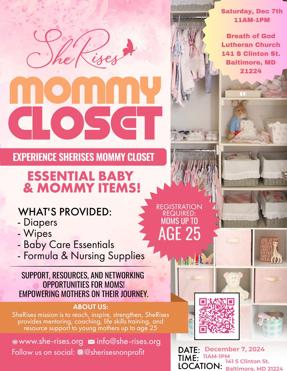 We’re partnering with SheRises tomorrow  to giveaway essential mommy and baby items to Baltimore moms!

Young moms, register to pickup your FREE items!

Help us speed the word with moms that would benefit.