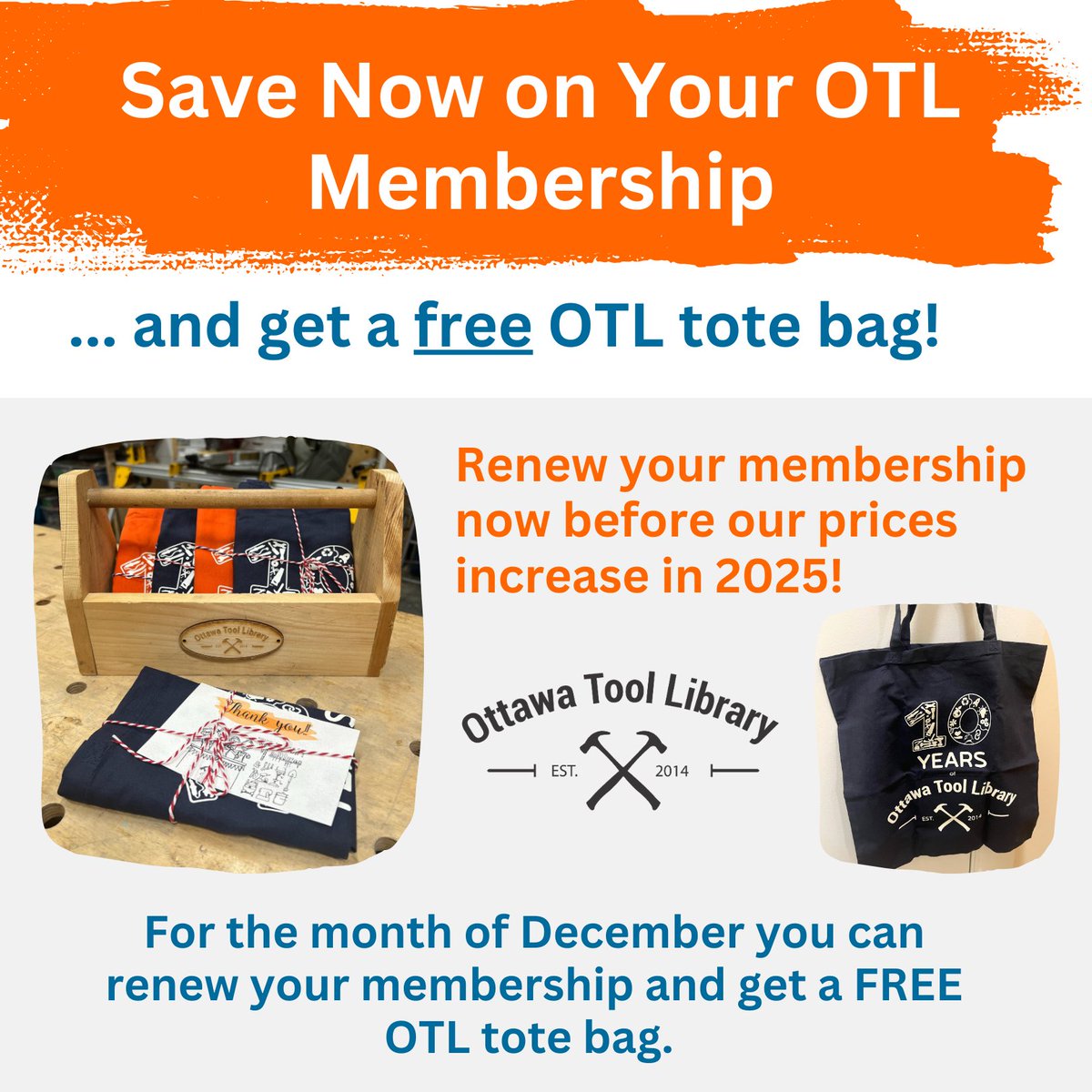 yowtoollibrary's tweet photo. We’re giving away a FREE tote bag to new and renewed OTL members! Our membership prices are increasing next month, so renew now to save!
🛠️🎉
Check out more information here!
https://t.co/jYtgpYm9of
🧰🤩
#OTL #ToolLibrary #LibraryMembership #BorrowDontBuy #BorrowTools https://t.co/Kxi7wGHG64