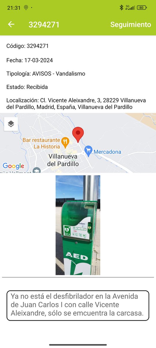 Victorgarciaca's tweet photo. @partidolocalvdp @_eduardofdz_

Desde marzo reportamos en la app Línea Verde de #VillanuevaDelPardillo que el desfibrilador de la Av. Juan Carlos I con C/ Vicente Aleixandre no está. Solo queda la carcasa. Seguimos sin respuesta, y sin equipo AED. https://t.co/hxh4MvdzoP