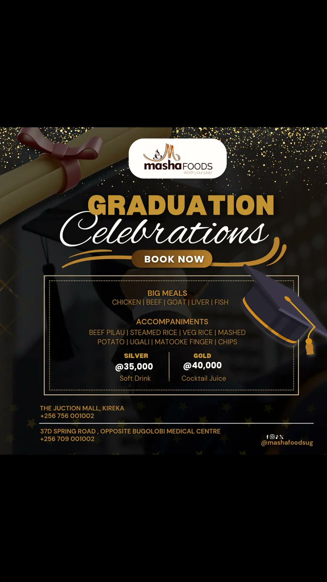 "🎓🥂 Here’s to You, Graduate! 🥂🎓
Celebrate this proud moment with family, friends, and great food at Masha Foods."
#MashaFoods
#FoodieVibes 
#graduationcelebration