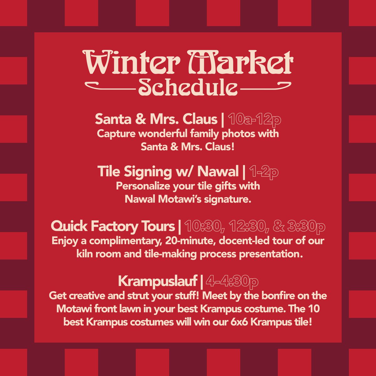 Our Winter Market is coming up fast! Join us on Saturday, December 14, from 10 a.m. to 5 p.m. Check out our schedule of events so you don’t miss your favorite Motawi Winter Market activities! 📷📷📷📷
bit.ly/motawiwinterma…