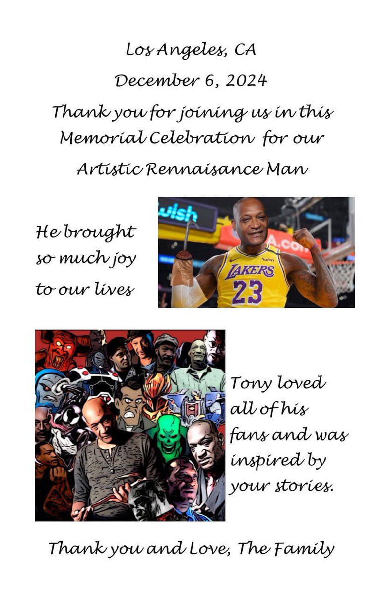 KenCosby's tweet photo. A celebration of life with family of TONY TODD
11301 W. Olympic Blvd, LA 90064
There will be 4- 1 hour gatherings at 11,12, 1 and 2 to see videos and share thoughts.
Street parking/garage $15 flat
Free admission https://t.co/zSKl3iEvzc