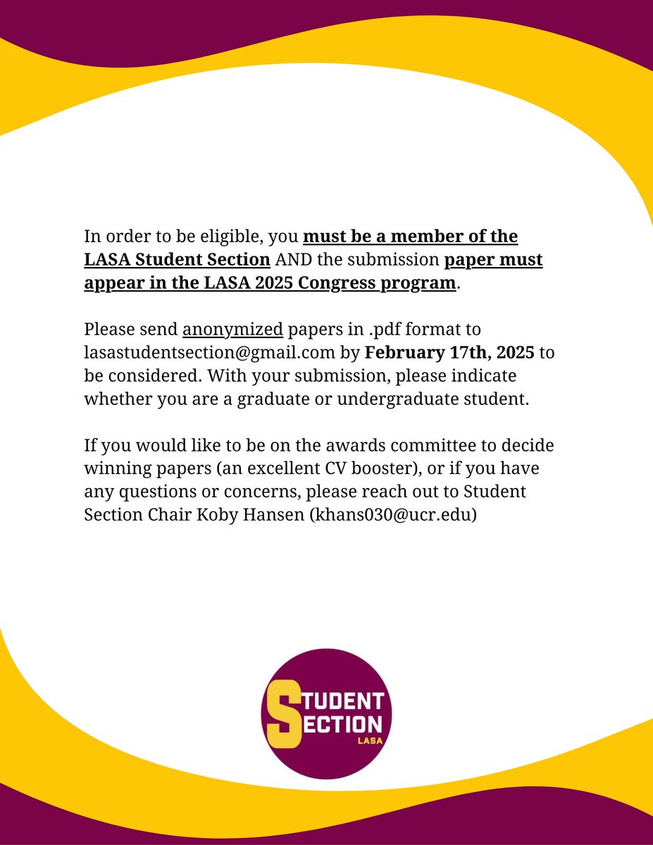 We are happy to announce the call for student paper awards for #LASA2025! Please see the details below: 
---
Nos complace compartir la llamada por el premio de la sección de estudiantes para #LASA2025! Vean la información aquí: