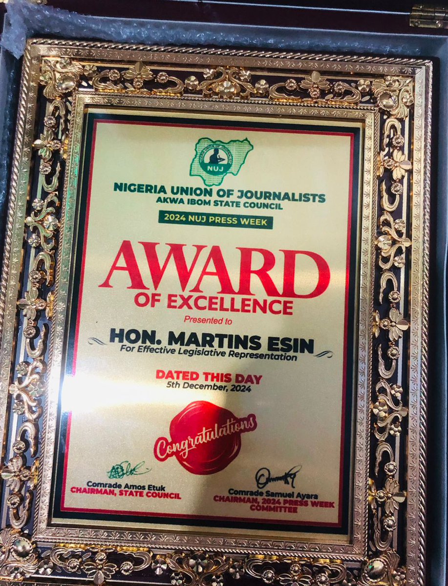 Repmartinsesin's tweet photo. I’m deeply humbled to receive the Award of Excellence from the Nigeria Union of Journalists (NUJ), Akwa Ibom State Council, for effective legislative representation in the 10th National Assembly.  

This recognition deepens our resolve to transform lives across Oron/Mbo/Okobo/Udu https://t.co/ZfOGpiSKej