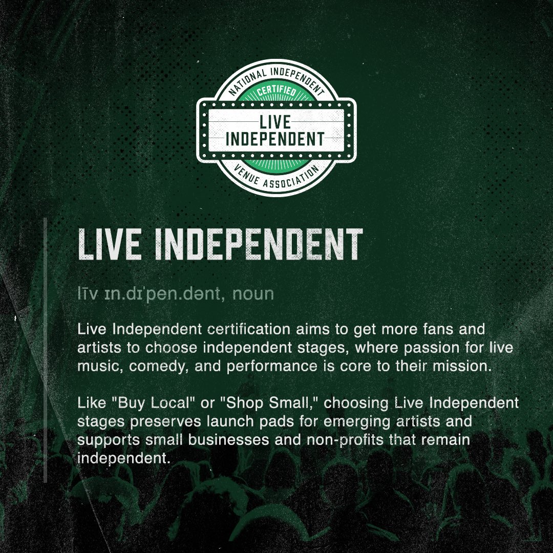NederlanderLive's tweet image. Nederlander Concerts is proud to be a part of the National Independent Venue Association&apos;s Live Independent program, a movement that uplifts indie venues, promoters, and festivals 💚 

By choosing Live Independent stages, you&apos;re helping to strengthen and preserve the heart of…