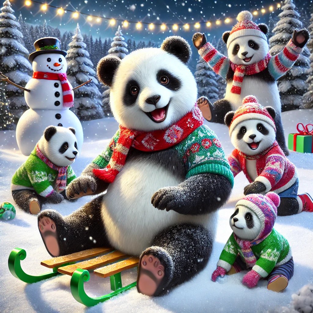 Jackielthequeen's tweet photo. βοΈπΌ Snow day fun with the panda family! Colorful winter outfits, snowball fights, and pure holiday joy in a magical snowy wonderland. Who's ready to join the frosty festivities? ββ¨
#PandaPlaytime #WinterWonderland #SnowDayFun #HolidayMagic #ChristmasVibes #eTatos #AIArtCommuity #Christmas2024