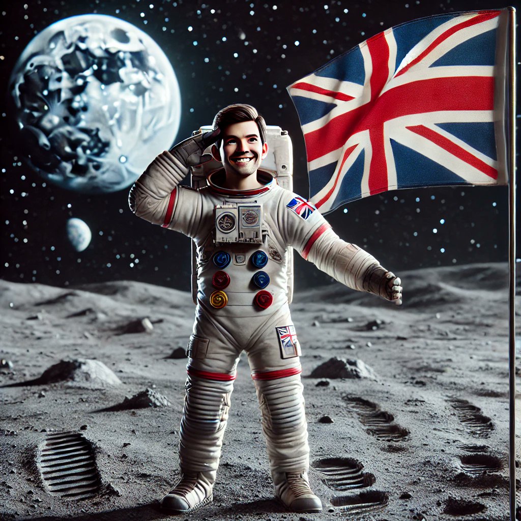 MarkLilley's tweet photo. I asked ChatGTP to draw me on the moon holding a British flag victoriously. Nice image but nothing like me even when providing a photo of myself. #DALLE3 https://t.co/r7JyXNhHc5