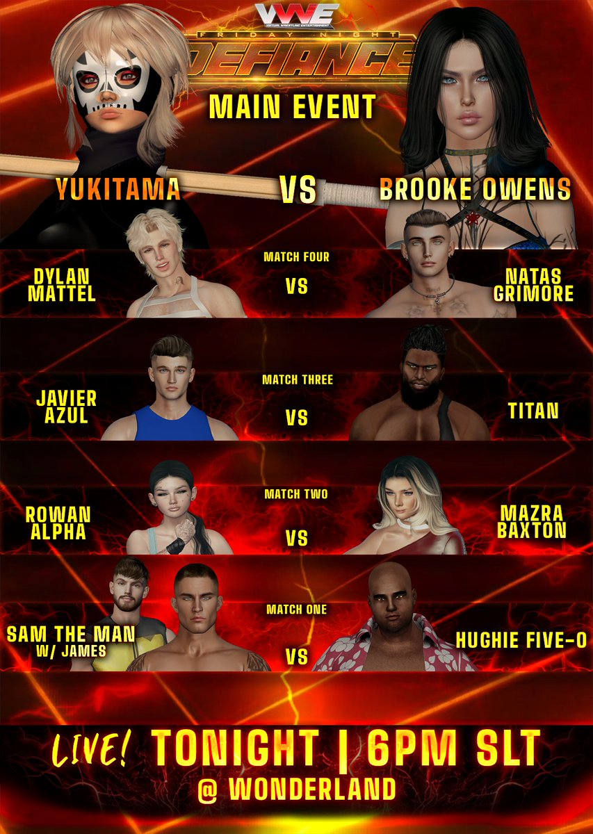 Hey VWE Grid!

We're kicking off Wrestleseries week with the final Defiance of 2024!

Hop into the rabbit hole and catch this amazing Wrestleseries preview LIVE from Wonderland!

We'll see you at 6 PM SLT!

RIDE:
maps.secondlife.com/secondlife/Gra…