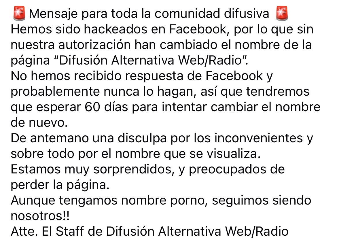 Nos hackearon!! Esto no es un simulacro, nos han hackeado 😢😢😢😢
No se sorprendan si les aparece una pagina con nombre de sex shop en el feed, somos nosotros.
Estamos tratando de arreglarlo pero todo indica a qué tendremos que esperar 60 días.