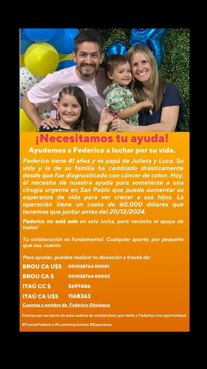 Lleva 40 segundos leer este pedido, y estamos a un clic de una transferencia que, por chiquita que sea, ayuda mucho.  Lean, sumen, repliquen,  corran la voz y ayudemos a Federico y familia. Gracias,  gracias, gracias. RT