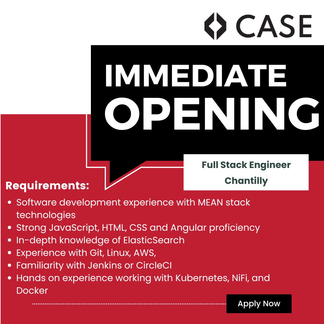 ConsultwithCase's tweet photo. CASE is looking for a Full Stack Engineer to fill an immediate opening in Chantilly. An active TS/SCI Clearance with Polygraph is required. 

If you are interested, please send your resume to recruiting@consultwithcase.com! https://t.co/QLnY1zyZbM