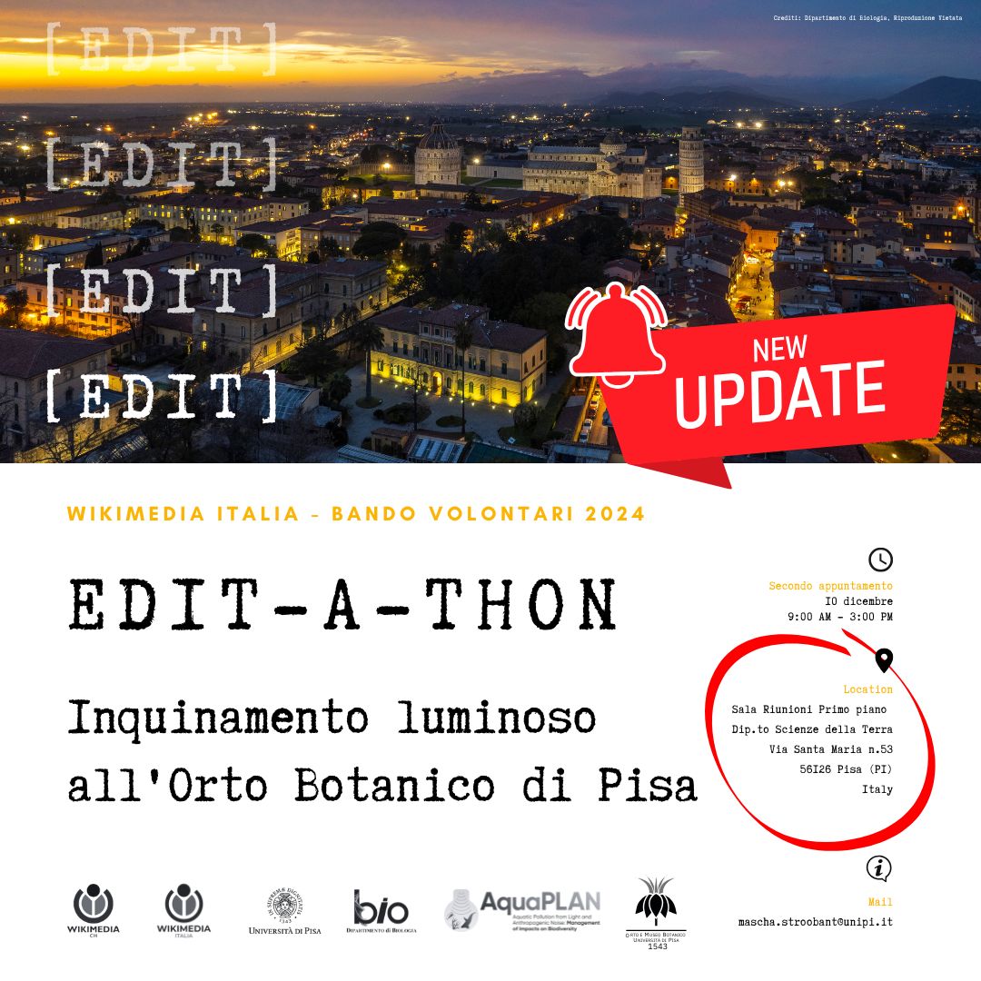 Dip_Bio_Unipi's tweet photo. 📌SAVE THE DATE! 💻✏️📚Martedì 10 dicembre (9am-3pm), secondo appuntamento dell'edit-a-thon dedicato all'inquinamento luminoso e acustico e per imparare a scrivere e ampliare voci su Wikipedia in italiano e inglese!✨💡🔊🔗https://t.co/kUC0UVSBEJ https://t.co/favqniaCrS