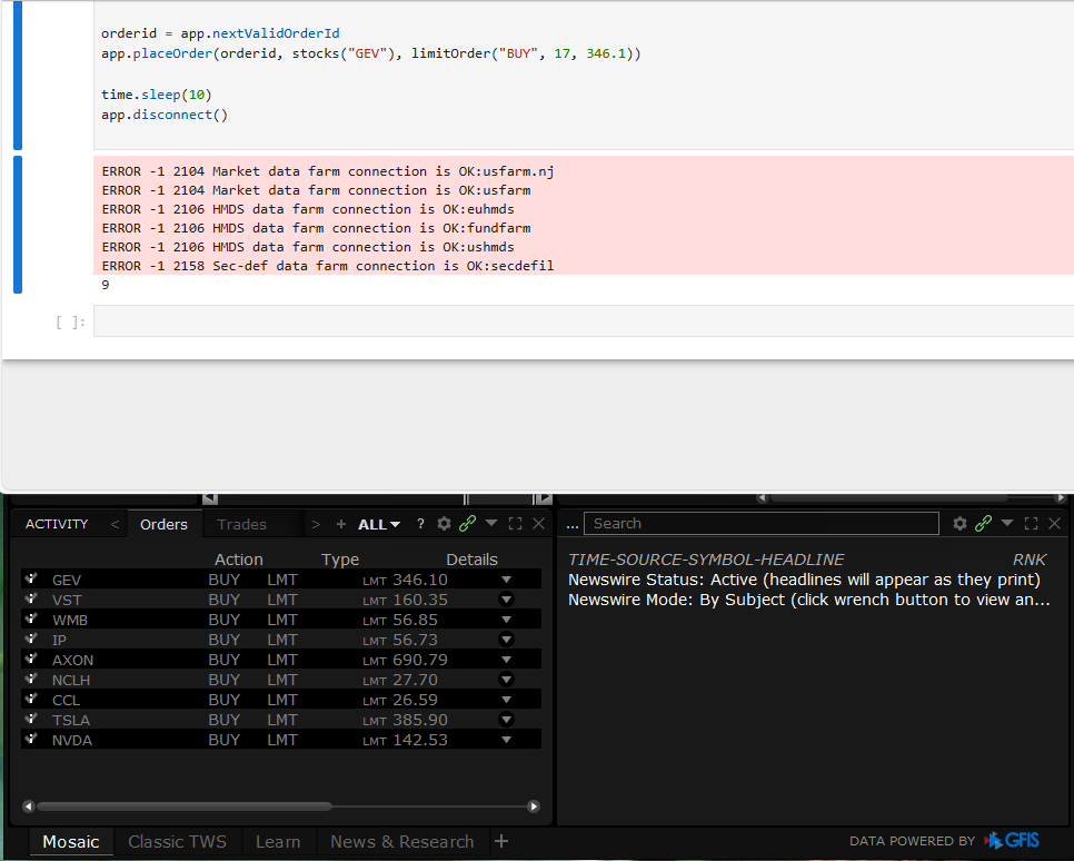 vuorio_tt's tweet photo. Big issue in systematic trading is good execution and high level of automation and quick execution are preferred. Today took the first step and send some orders from python using IBAPI to IB (paper trading for now, but same procedure for live account). Still work to do https://t.co/fLOYLCJNDH