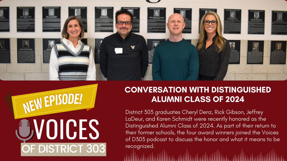 StCharlesD303's tweet photo. The latest episode of the Voices of District 303 podcast includes some very special guests–our Distinguished Alumni Class of 2024! 🏆️ Tune in to hear their advice for current students and reflections on their time in school.

🔗:https://t.co/ZlA3VCCUHW https://t.co/voLUNlBBOw