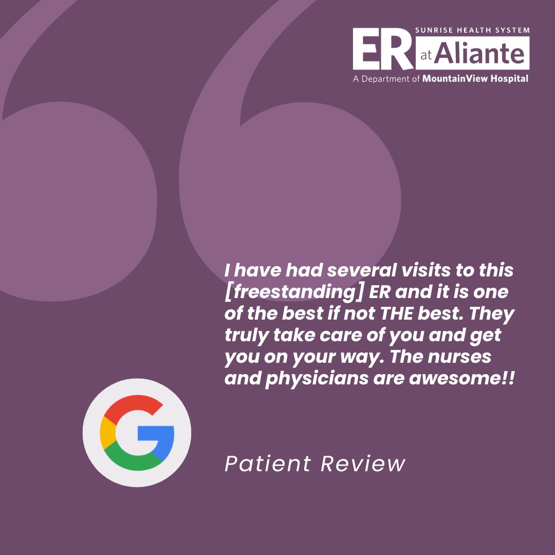 At ER at Aliante, we’re proud to provide exceptional care when you need it most. Our freestanding ER combines convenience with the trusted, high-quality care you expect as part of MountainView Hospital.

💬 See what our patients are saying about their experiences with us.