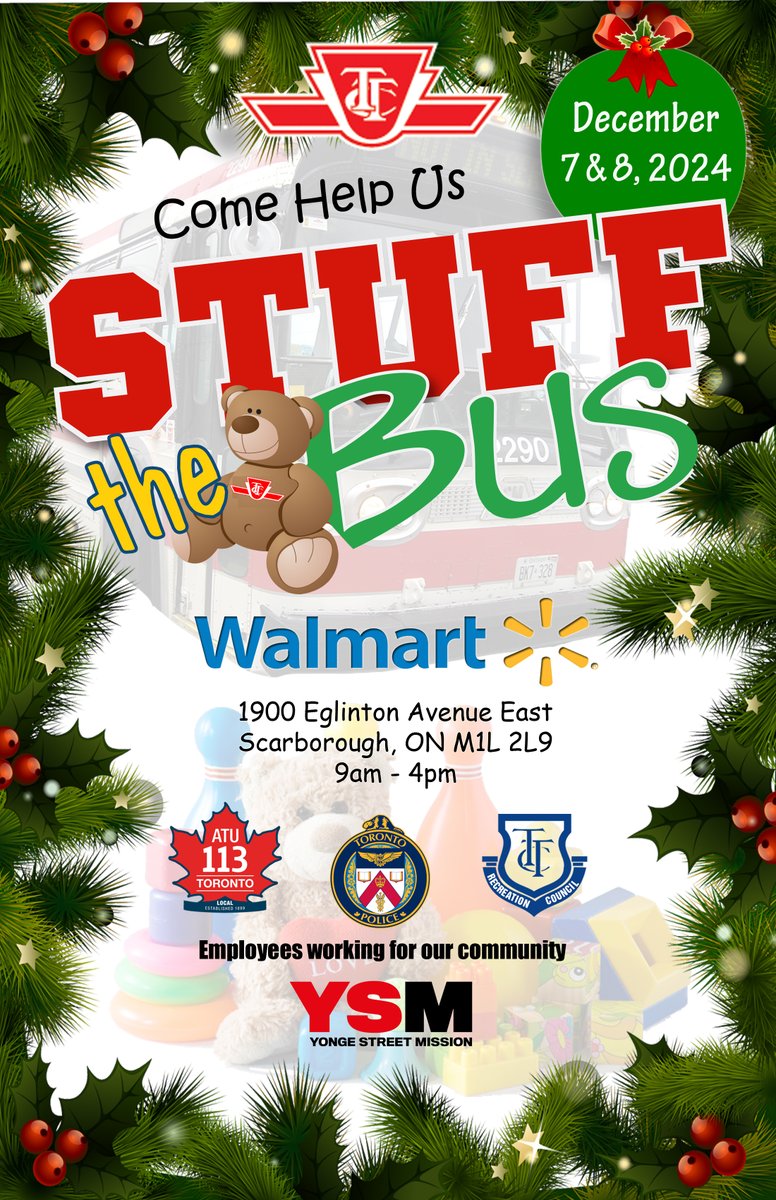 YSM_TO's tweet photo. Thanks to the TTC we can fill a bus with toys for YSM's Toy Market, winter clothing &amp; needed items for community members. If you're in the east end &amp; running errands, please stop by @WalmartCanada at 1900 Eglinton Ave. E Dec 7, 8 from 9-4 &amp; help us STUFF THE BUS! @TorontoPolice https://t.co/tPmTDeWFx1