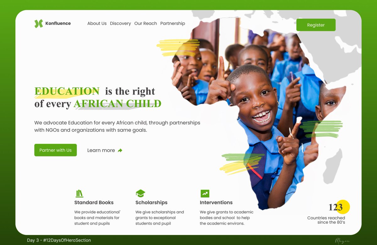 MayowaMarvie's tweet photo. Day 11, guys! 😁

I designed a non-profit organization hero section.
Design was Africa-based.

Your thoughts, guys?
#12DaysofHeroSection #uiuxdesign https://t.co/2NsymBJPhn