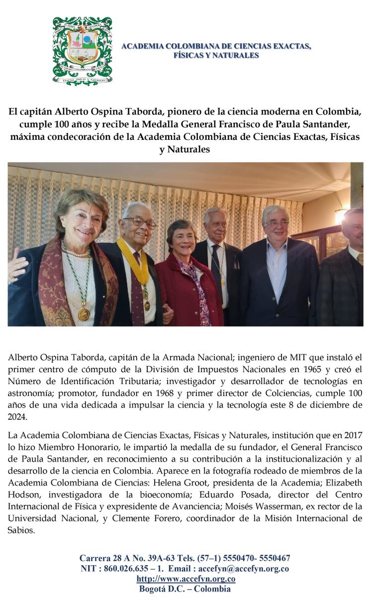 acadcienciacol's tweet photo. #Comunicado

El capitán Alberto Ospina Taborda, pionero de la ciencia moderna en Colombia, cumple 100 años y recibe la Medalla General Francisco de Paula Santander, máxima condecoración de la Academia Colombiana de Ciencias Exactas, Físicas y Naturales🧵
👉https://t.co/JvnOsI7xmb https://t.co/w5xNaEGl9g