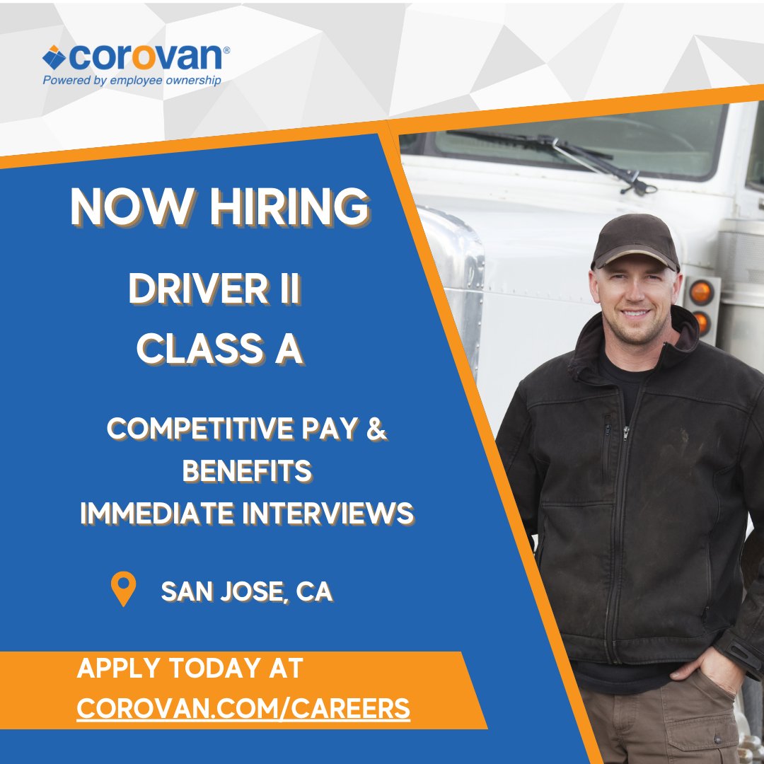 CorovanMoves's tweet image. Start Your Journey with Corovan! We’re hiring for a Driver II Class A in San Jose. Enjoy a rewarding career with advancement opportunities. Apply today, or contact Johanna Plancarte at (408) 678-3200 for more info! #CorovanJobs #DriverPosition
ow.ly/IScF50UgZJl