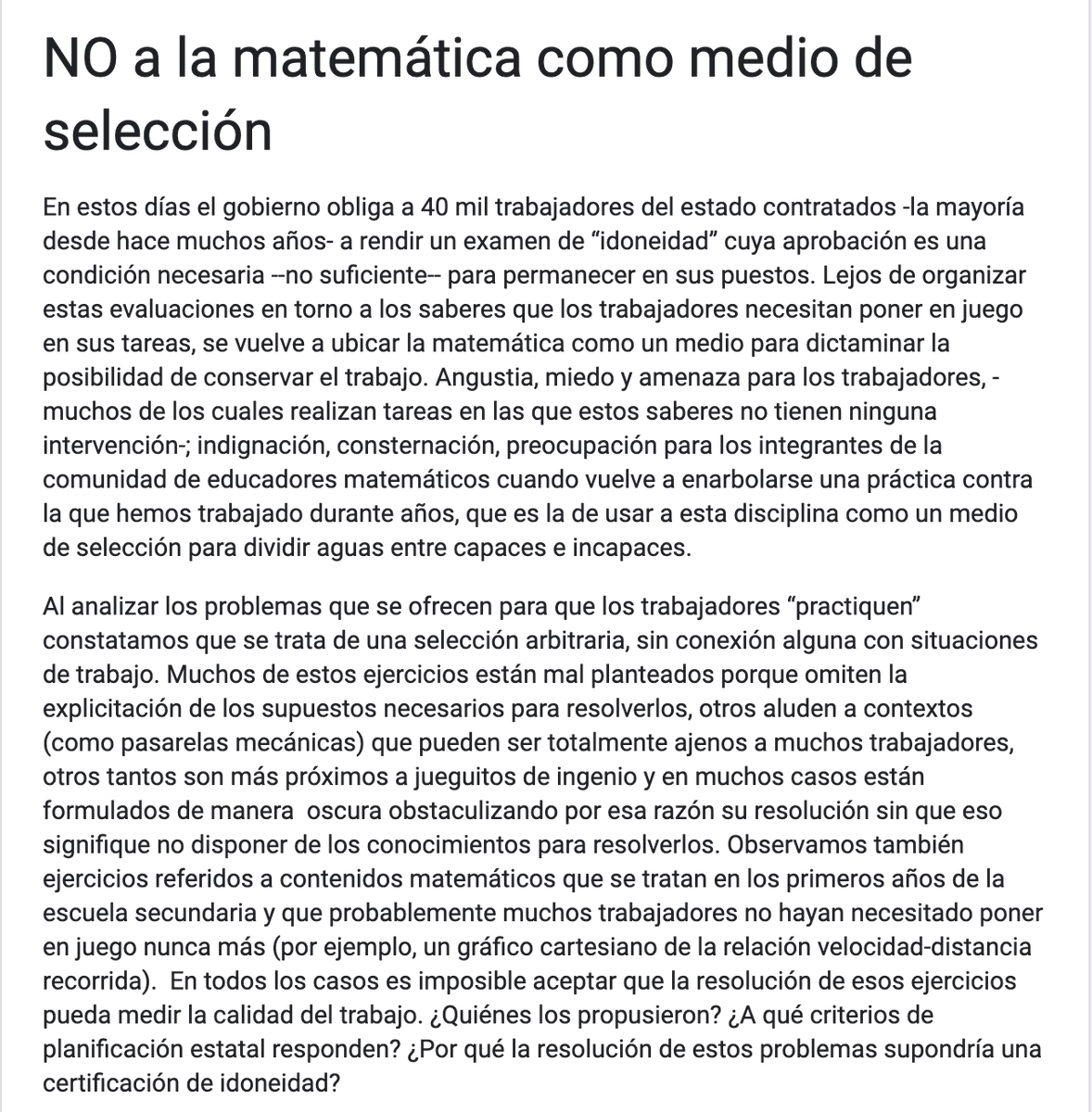 norabar's tweet photo. Objeción de educadores a los exámenes de matemática  como medio de selección para la administración pública nacional 👇"Muchos de los problemas están mal planteados y en otros casos están formulados de manera oscura", afirman https://t.co/jxxncert3x