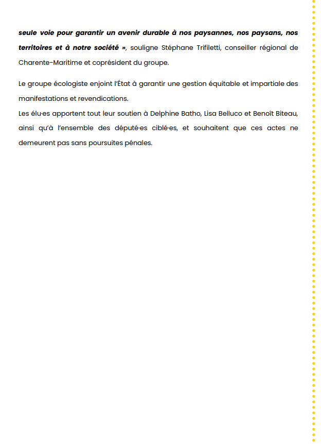 ➡️Colère des agriculteurs en Nouvelle Aquitaine : non aux violences, OUI à une agriculture respectueuse de l’environnement et rémunératrice !

Notre communiqué <a href="/ElusEELVNvleAqu/">Elu·e·s écologistes Nouvelle-Aquitaine</a> ⤵️

#Solidarité 
<a href="/delphinebatho/">Delphine Batho</a> 
<a href="/BenoitBiteau/">Benoît BITEAU</a> 
<a href="/LisaBelluco/">Lisa Belluco</a>