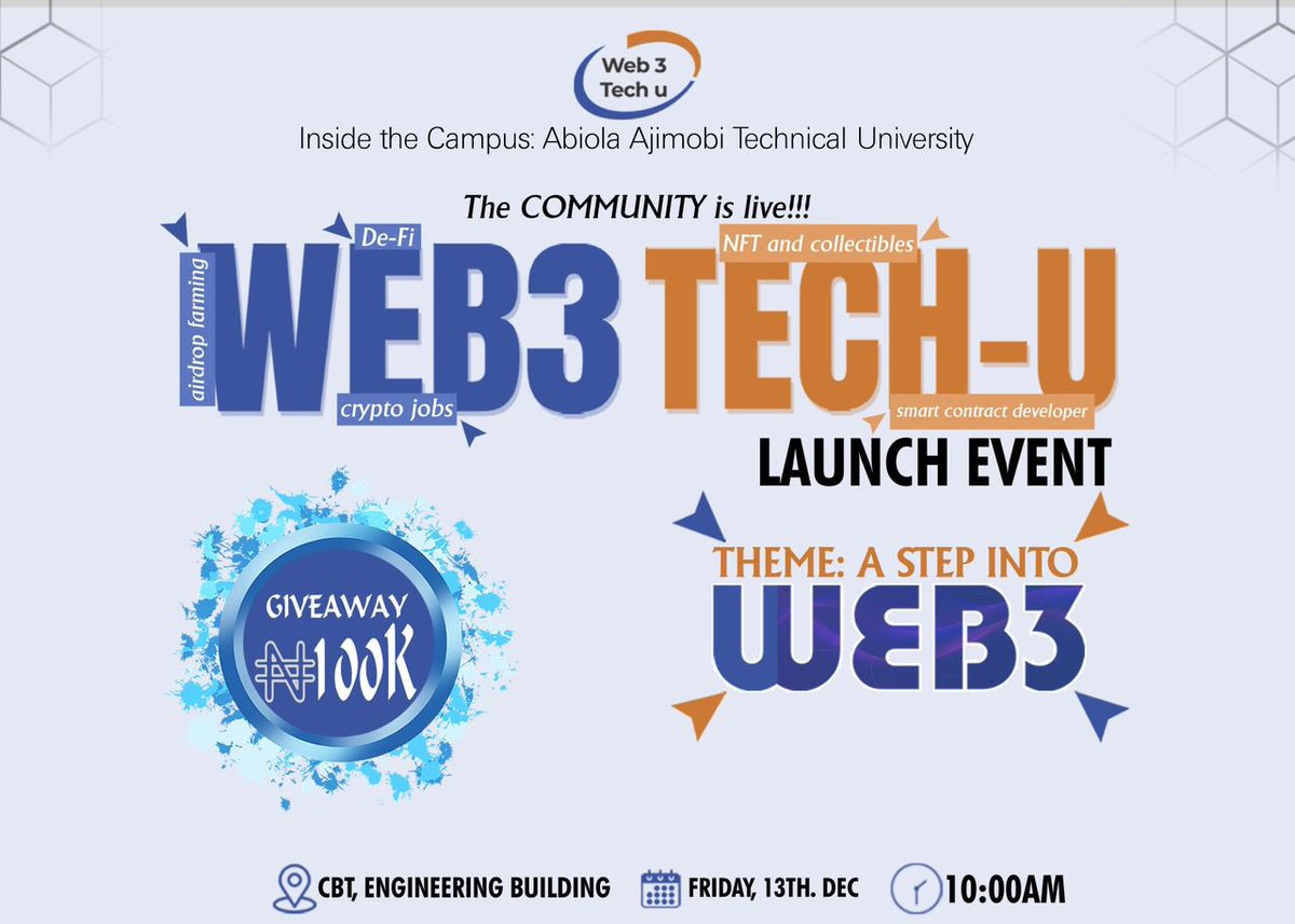 Web3TechU's tweet image. 🚀 Ready to step into the future?  

Join us at &quot;A Step Into Web3&quot; for an unforgettable experience!  
💡 Expert talks  
🤝 Interactive sessions  
🏆 Giveaways

This is your chance to explore the limitless potential of blockchain  

✨ The future is Web3. Will you be part of it?