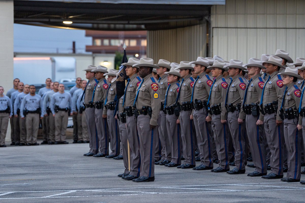 TxDPS's tweet photo. A proud moment for Class B-2024 as they earn their Texas Highway Patrol patch and wear the iconic Texas tan for the first time. This milestone marks the culmination of their training and signals that graduation is just around the corner. These Trooper Trainees are ready to protect and serve the people of Texas. #TexasDPS #TexasHighwayPatrol #DPS