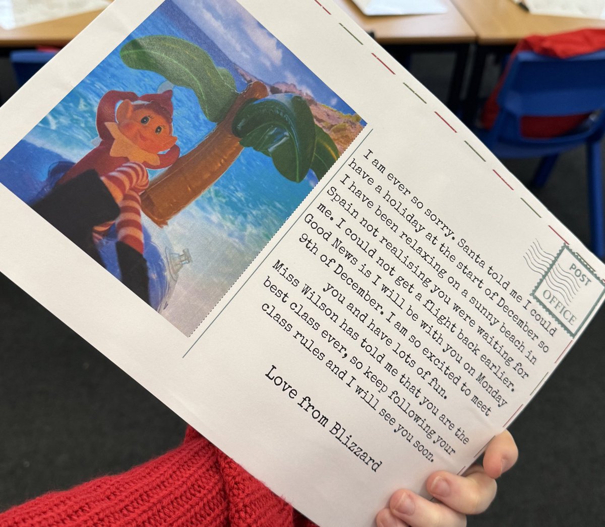 MissWilsonE's tweet photo. We received a postcard from our elf Blizzard! ✉️ He is late to arrive to us because Santa told him he could have a week holiday in Spain 😱😱 but finally he will be with us for some fun on Monday. P3W are buzzing ❤️ https://t.co/qnWnHVaOn0