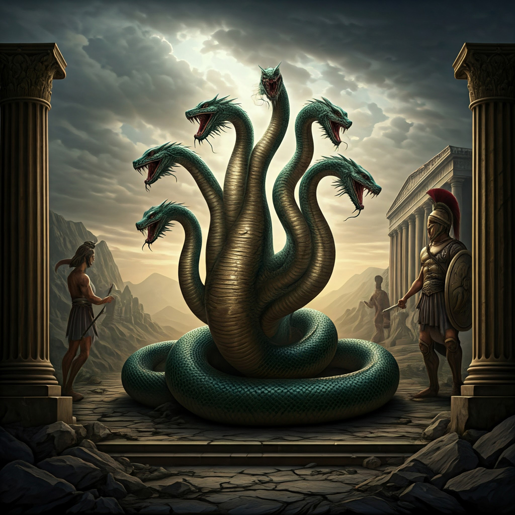 Migs321Migs111's tweet photo. The Lernaean Hydra is a legendary creature in Greek mythology, famous for being one of the twelve labors of Hercules. The Hydra represents chaos. Its defeat symbolizes the triumph of order and reason. #ClassicalCivilisation #Greek #Hydra #Hercules #LernaeanHydra #ART #AI https://t.co/jQpXTmLwgm