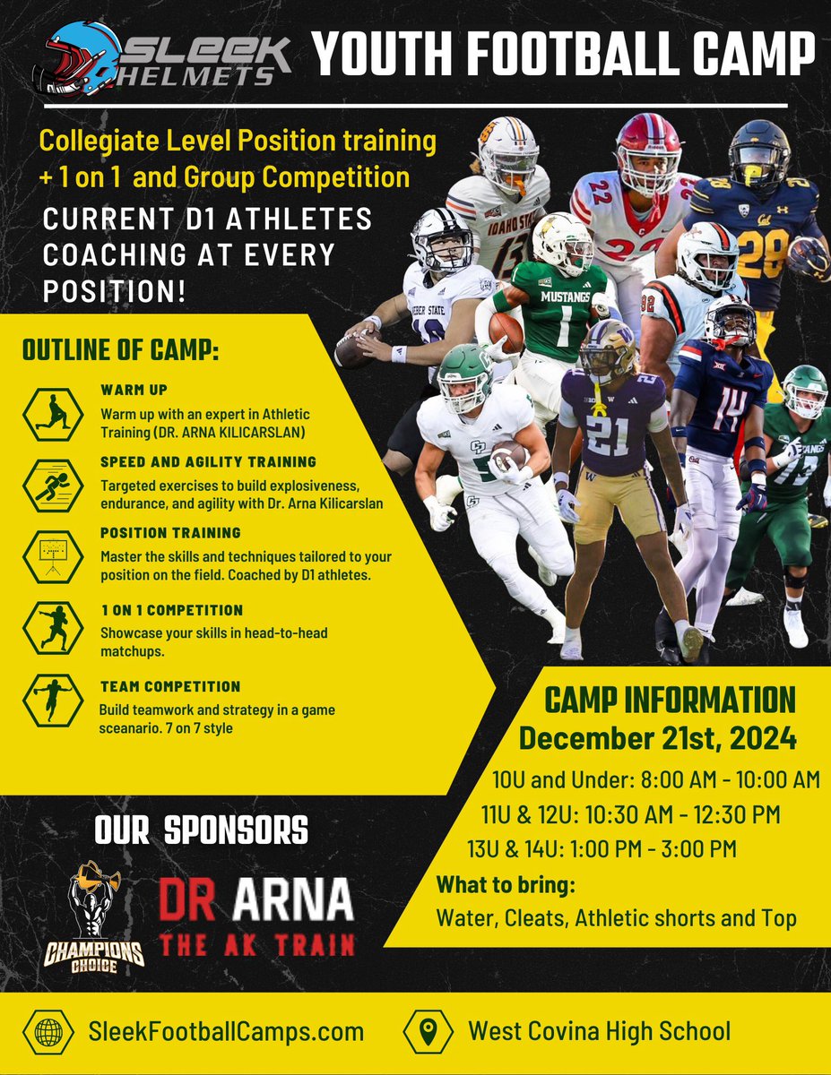 Aiden Ramos 3⭐️ RB (@aidenramos_) on Twitter photo Age groups 14u and under in the SGV and surrounding areas come get some work December 21st !! Will be current D1 athletes coaching every position group 🤞Me and <a href="/damienmoore_28/">Damien Moore</a> got RBs come get better! Camp being hosted by <a href="/DrArna_k/">Dr. Arna Kilicarslan</a> <a href="/SleekHelmets/">Sleek Helmets</a>
Sleekfootballcamps.com Age groups 14u and under in the SGV and surrounding areas come get some work December 21st !! Will be current D1 athletes coaching every position group 🤞Me and <a href="/damienmoore_28/">Damien Moore</a> got RBs come get better! Camp being hosted by <a href="/DrArna_k/">Dr. Arna Kilicarslan</a> <a href="/SleekHelmets/">Sleek Helmets</a>
Sleekfootballcamps.com